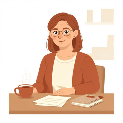 Portrait illustré de Béatrice Fonteneau, attablée avec un carnet et une tasse